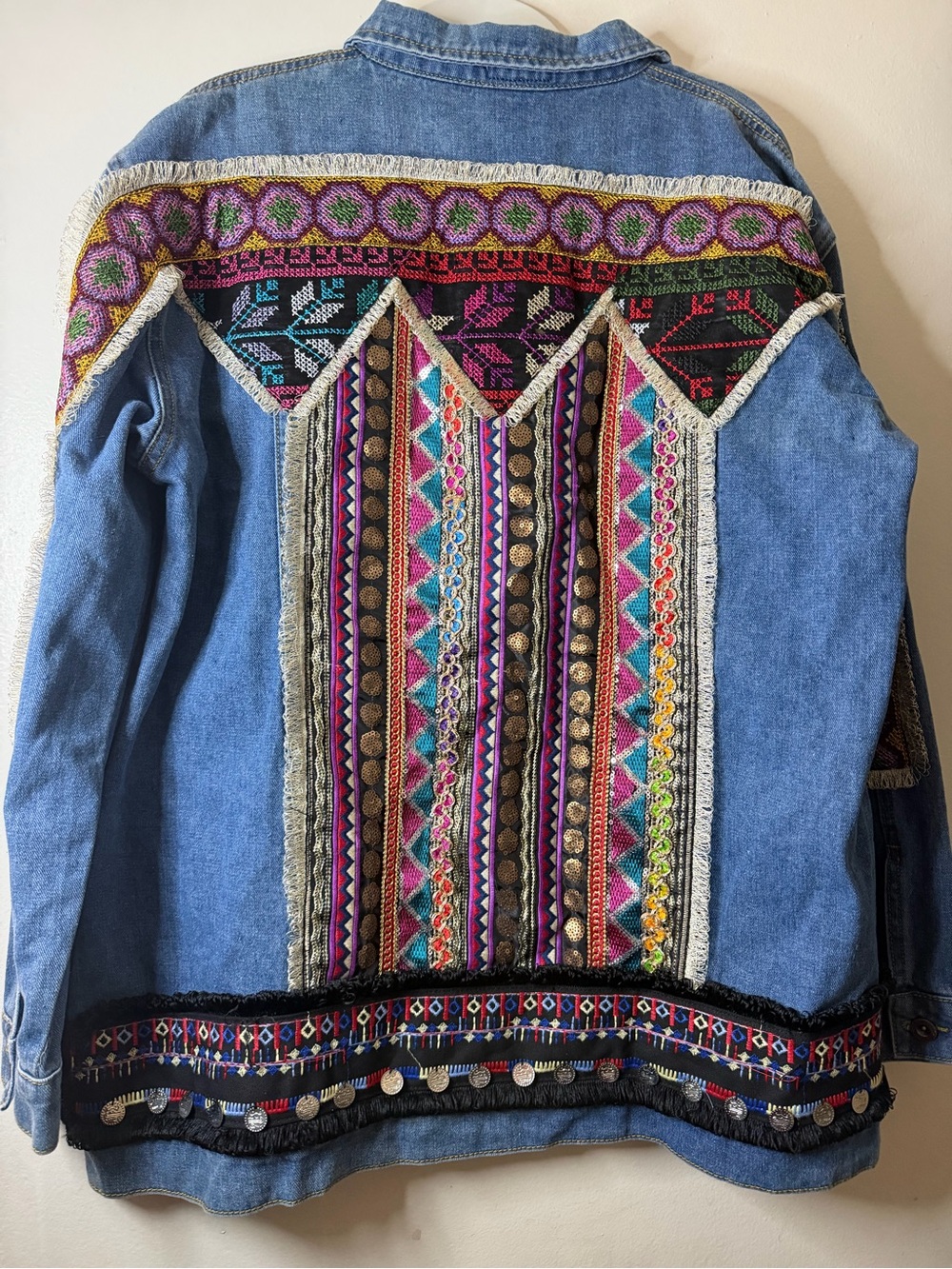 Velzera Boho Embroidered Denim Jacket 1XL Fringe Coin Detail